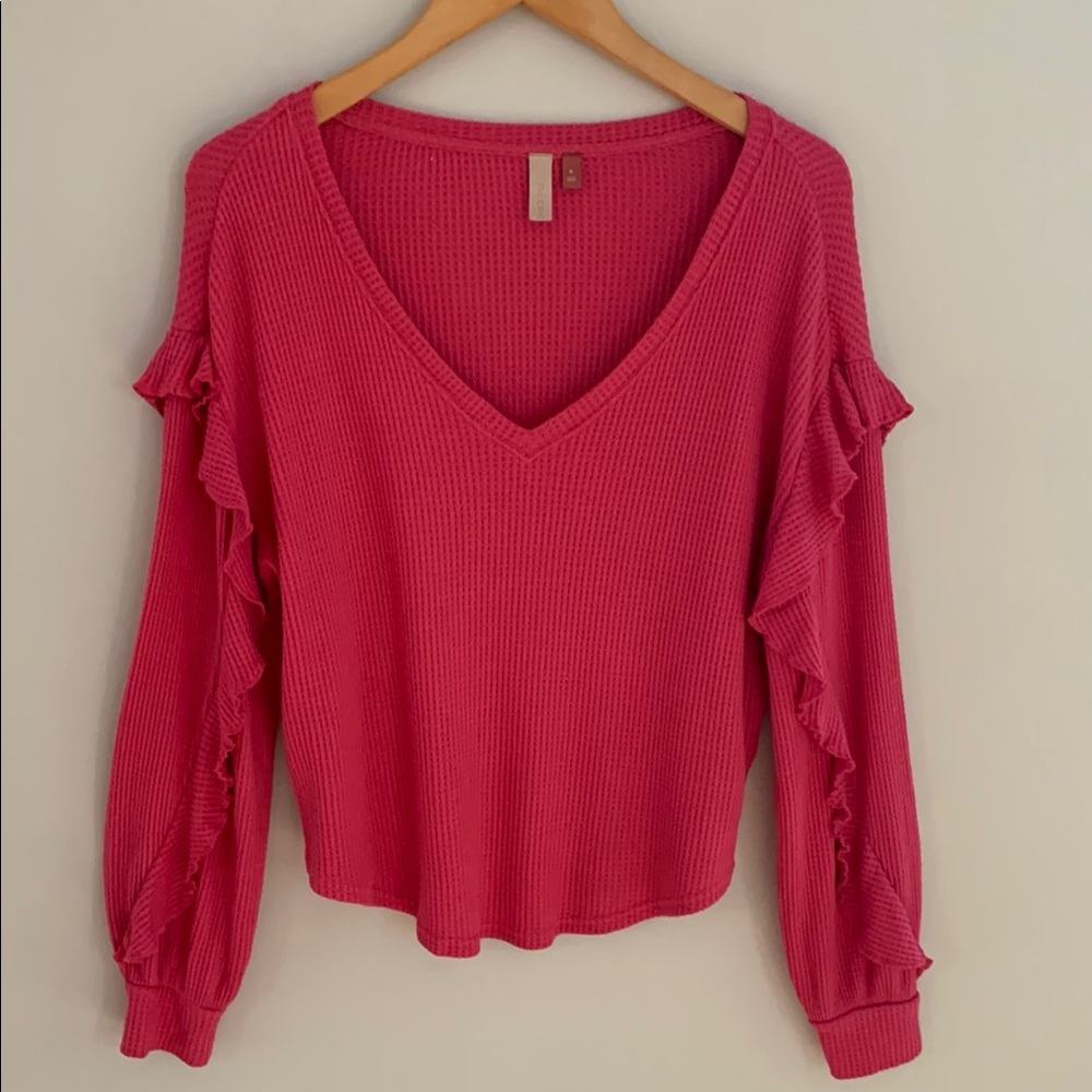 Anthropologie Pilcro Waffle Knit Ruffle Sleeve Relaxed Fit Top Pink Size Medium